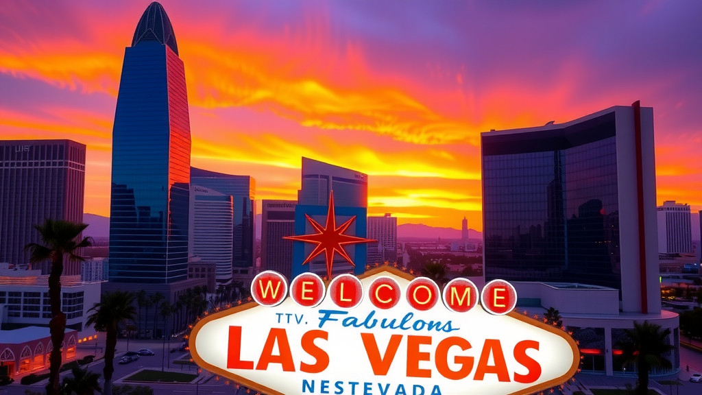 Las vegas skyline at sunset with palm trees