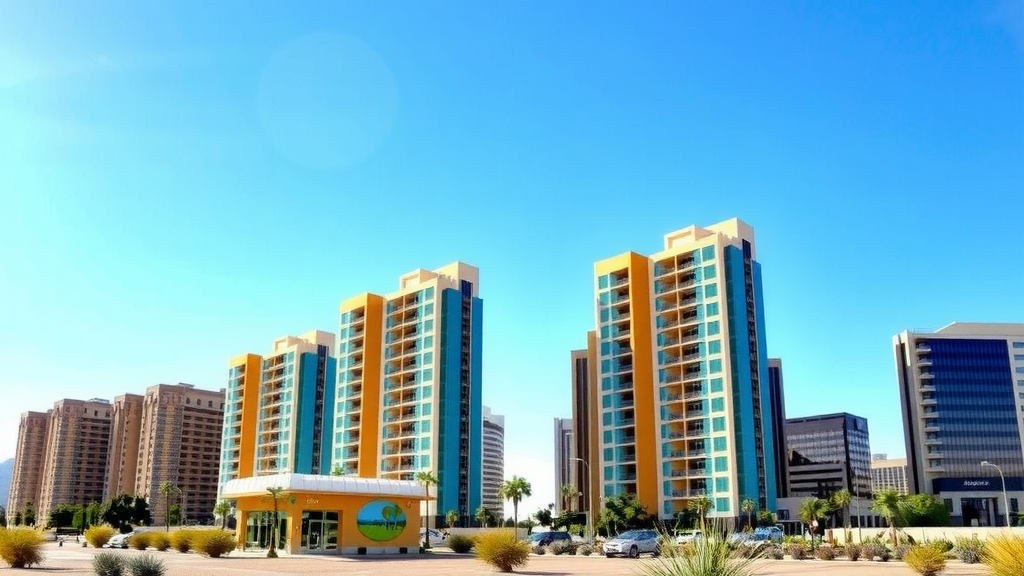 Las vegas skyline showing new condominiums and bright green landscaping