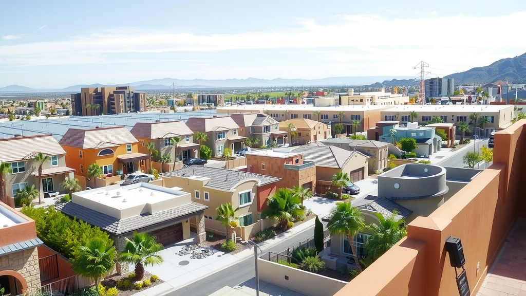 Modern houses in a las vegas neighborhood against a blue sky