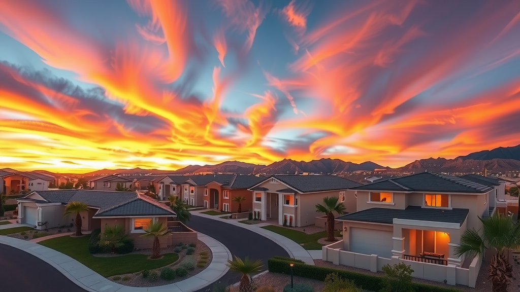 Panorymica de viviendas en las vegas al atardecer