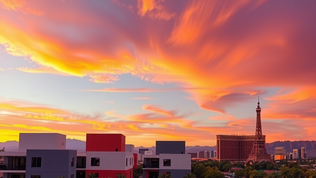 Sunset over las vegas skyline with modern homes and the strip in view