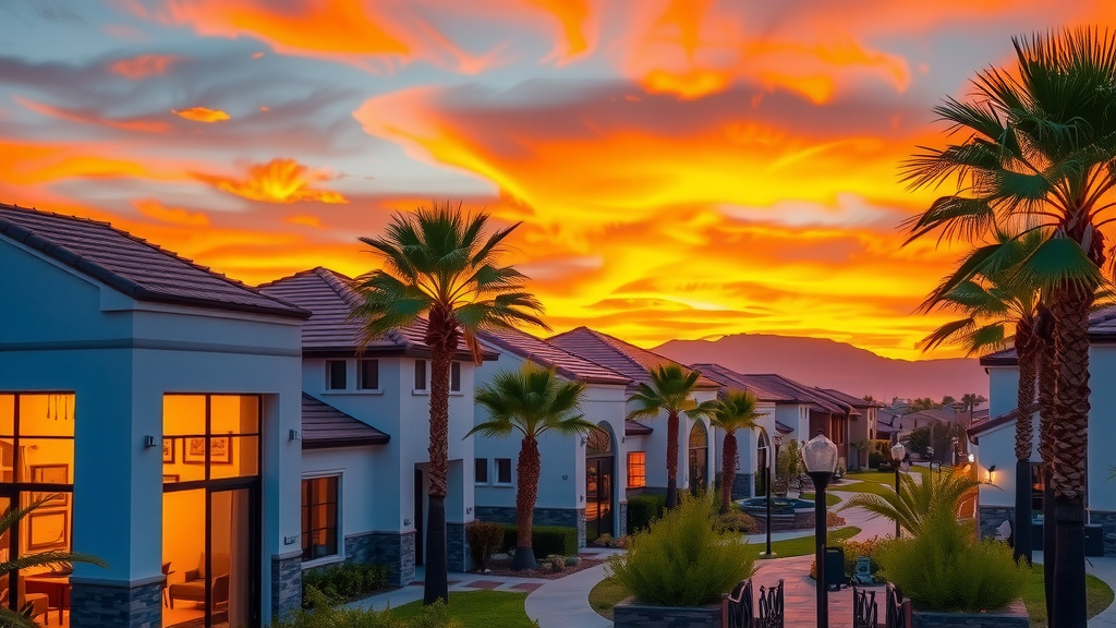 Upscale las vegas neighborhood with sunset backdrop
