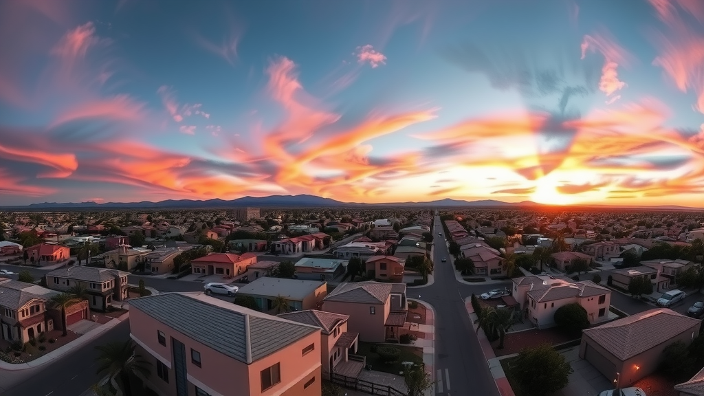 Vecindario en las vegas al atardecer con casas modernas 1