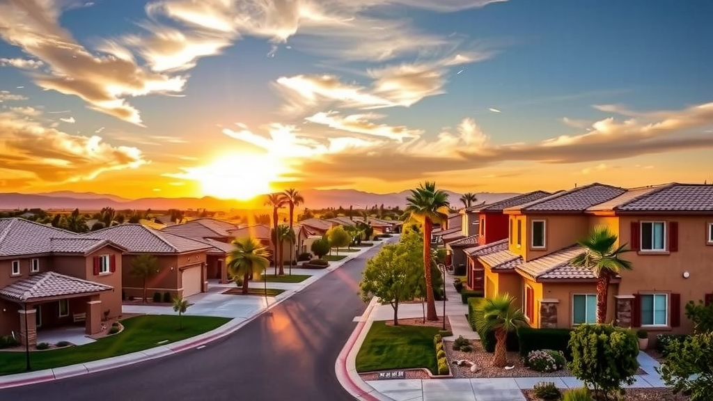 Vecindario en las vegas al atardecer con casas modernas