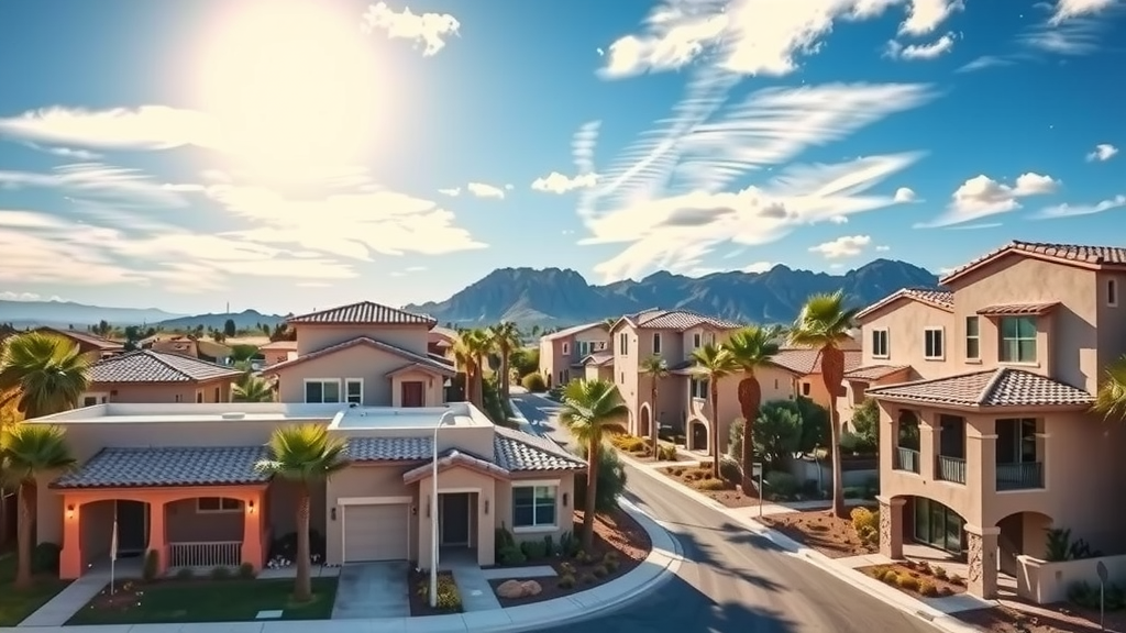 Vecindario soleado en las vegas con casas modernas