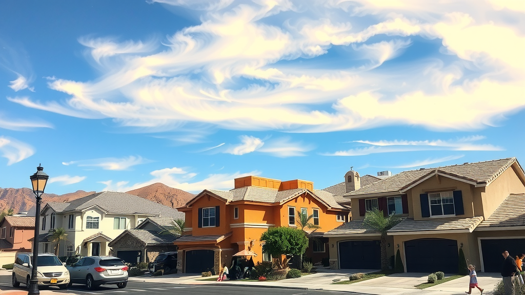 Vibrant neighborhood in las vegas showing various homes under a clear blue sky