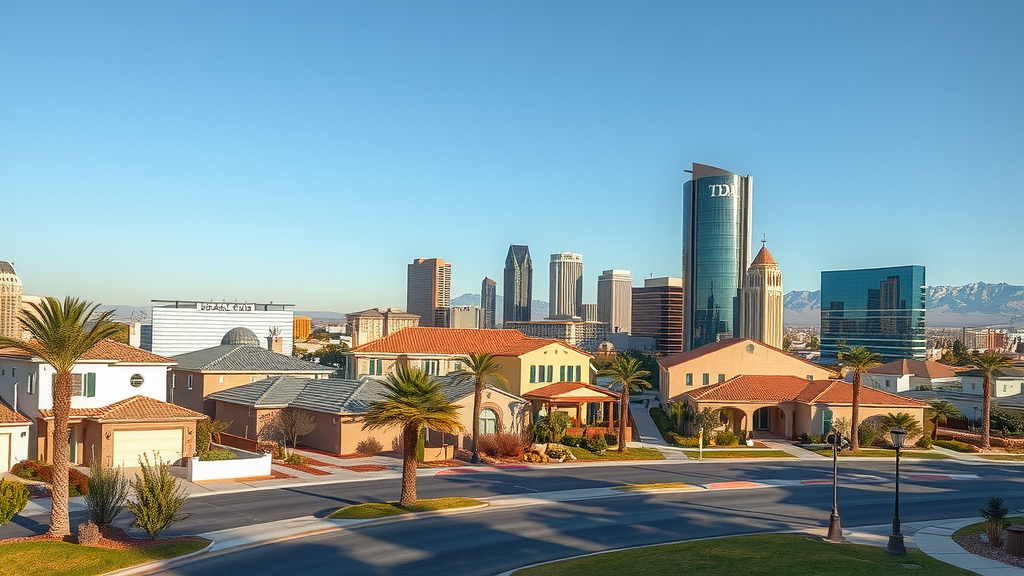 Vista panorymica de las vegas con casas diversas y un cielo brillante