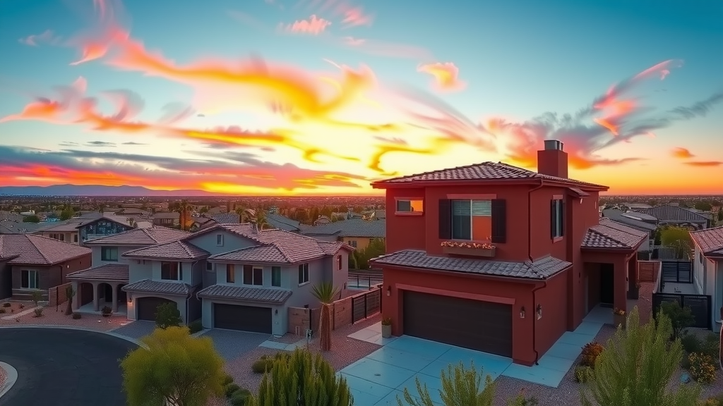 A picturesque sunset over a new housing development in las vegas