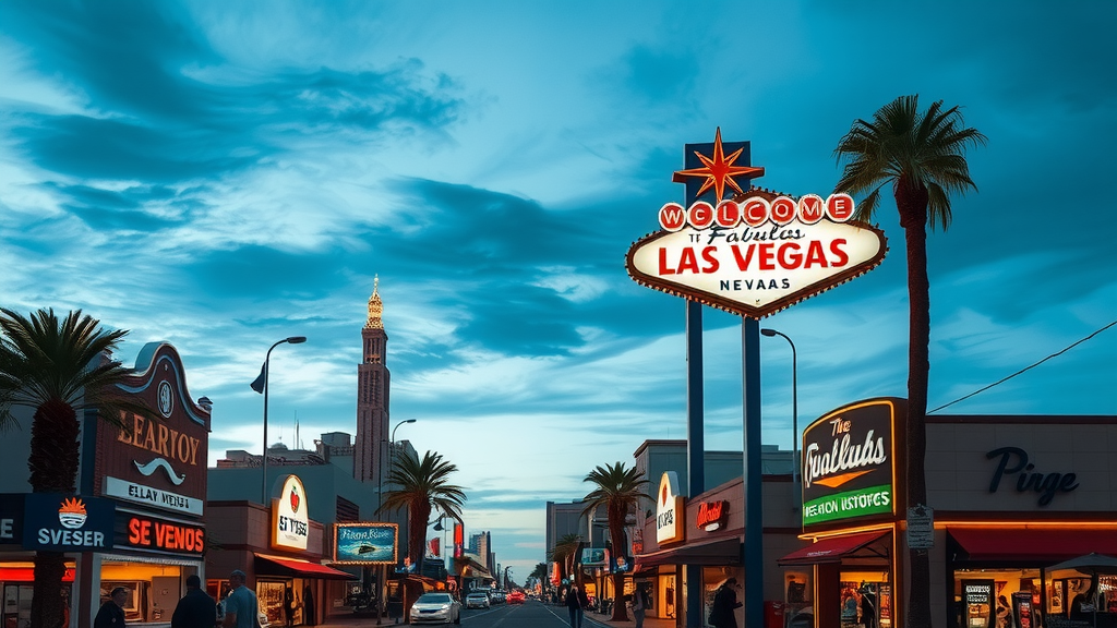 Atardecer en las vegas con rascacielos y carteles de ventas inmobiliarias