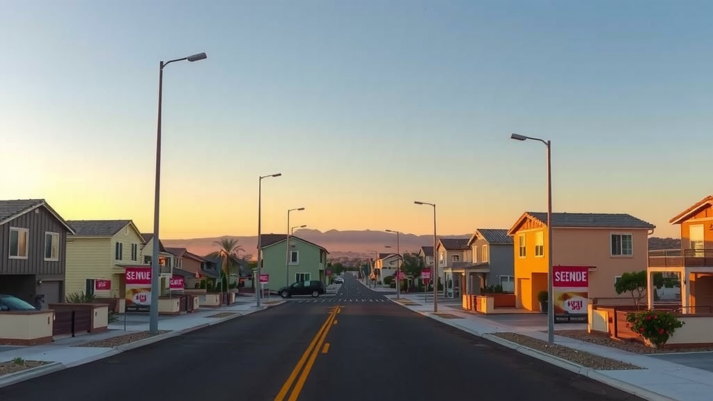 Calle residencial en las vegas con casas en venta y un atardecer cylido