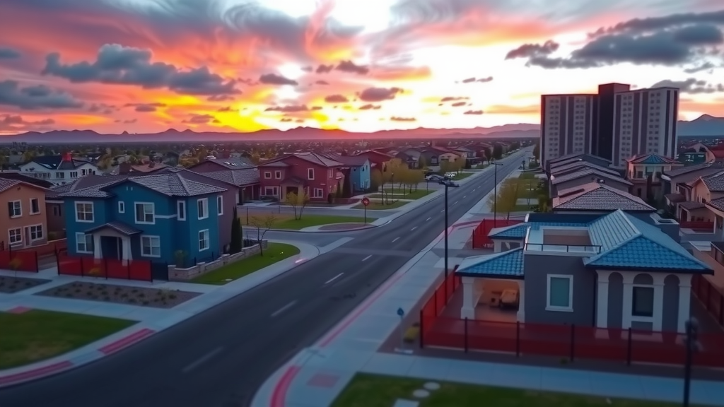 Comunidad residencial en las vegas al atardecer