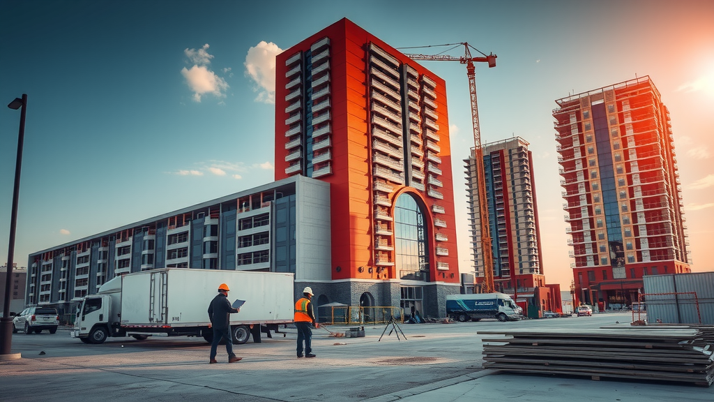 Construcción de un proyecto inmobiliario en Las Vegas al atardecer.