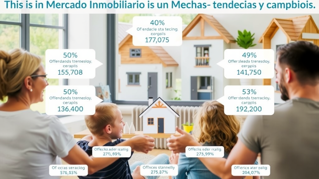 Gráfico de tendencias del mercado inmobiliario con familias felices