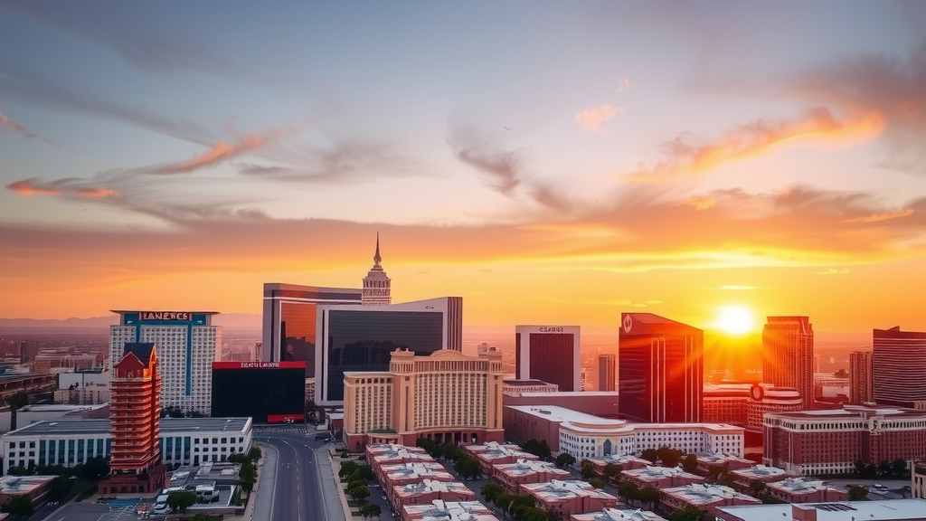 Las vegas skyline with residential buildings at sunset
