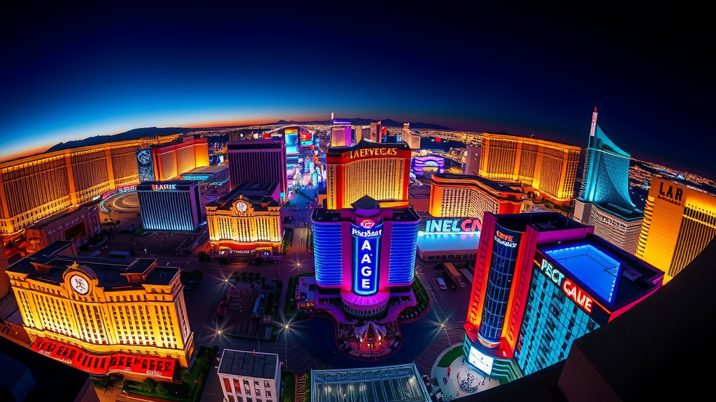 Las Vegas Strip at twilight with lights and energy.