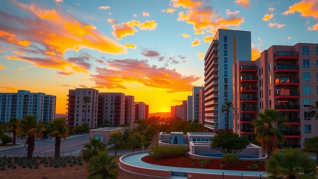 Modern condominiums with sunset backdrop in las vegas