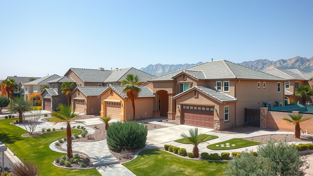 Modern las vegas neighborhood showcasing new homes and green landscapes