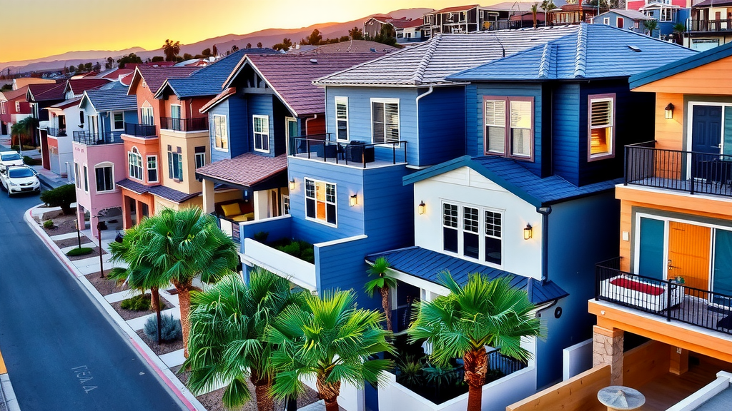 Modern las vegas townhomes at sunset highlighting architectural diversity and urban energy