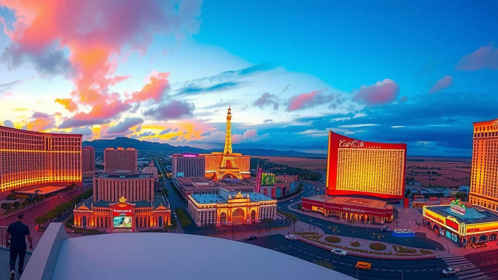Panorama de las vegas al atardecer mostrando su vibrante vida urbana