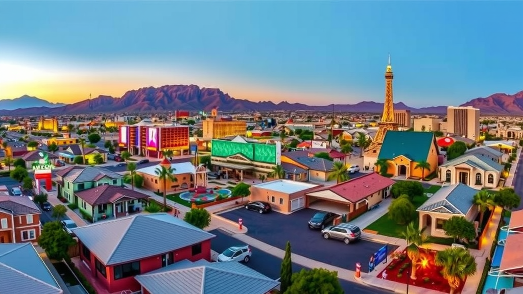 Panorama del mercado inmobiliario de las vegas al atardecer con casas en venta