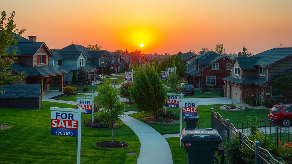 Suburban neighborhood with homes for sale under sunset