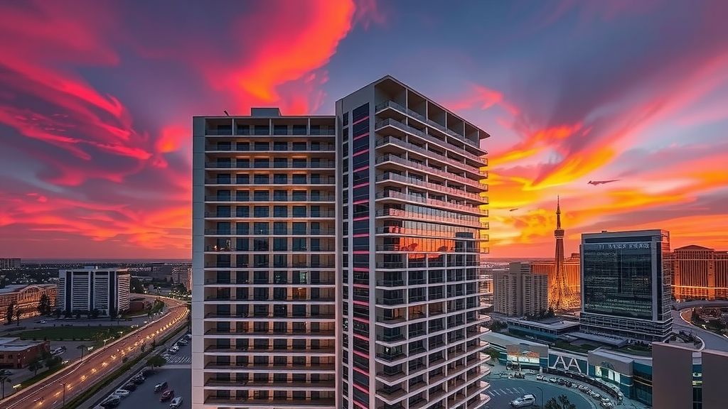 Torre residencial moderna en las vegas con atardecer