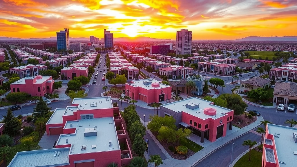 Aerial view of a las vegas neighborhood at sunset colorful sky