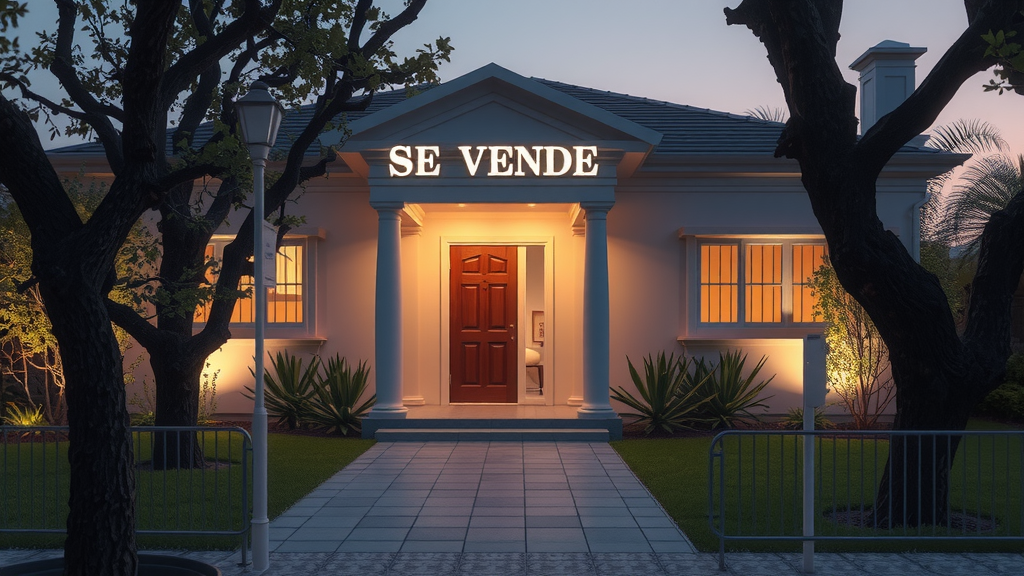 Casa en venta con un ambiente acogedor al atardecer.