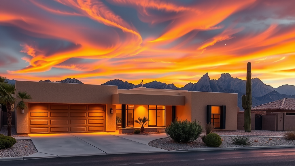 Casa moderna en las vegas durante el atardecer