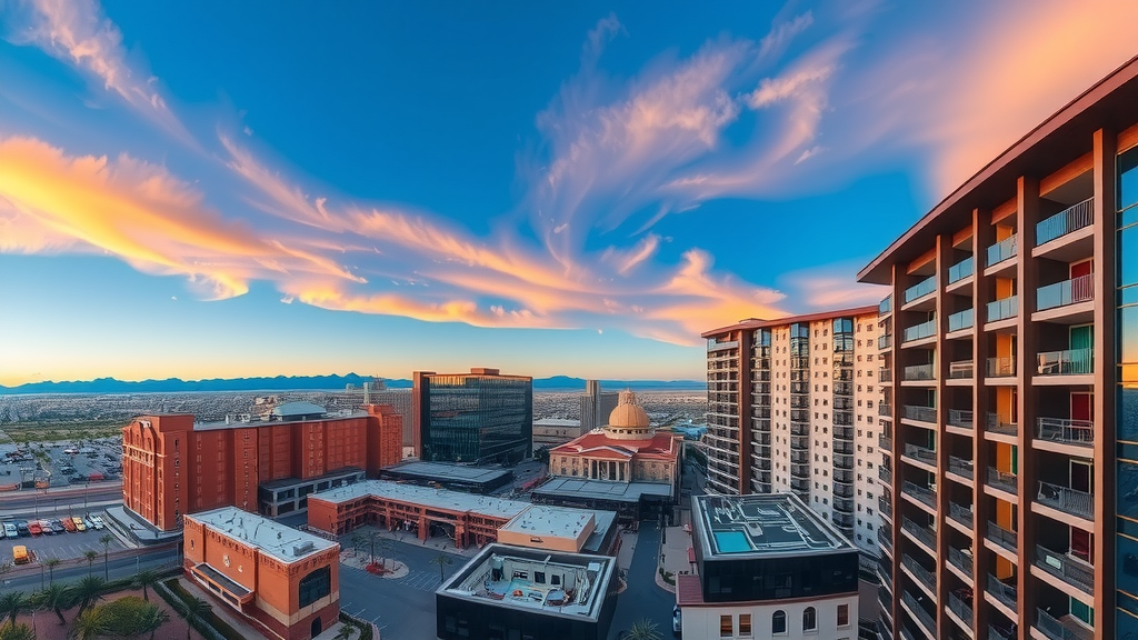 Condominio moderno en las vegas al atardecer con vistas a la ciudad