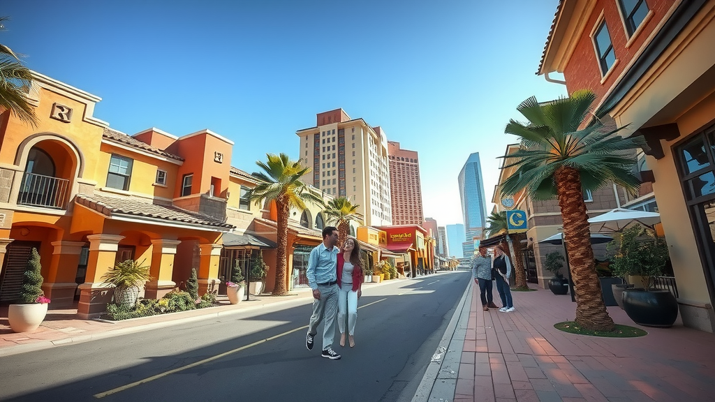 Escena de compradores en las vegas explorando propiedades en un dya soleado