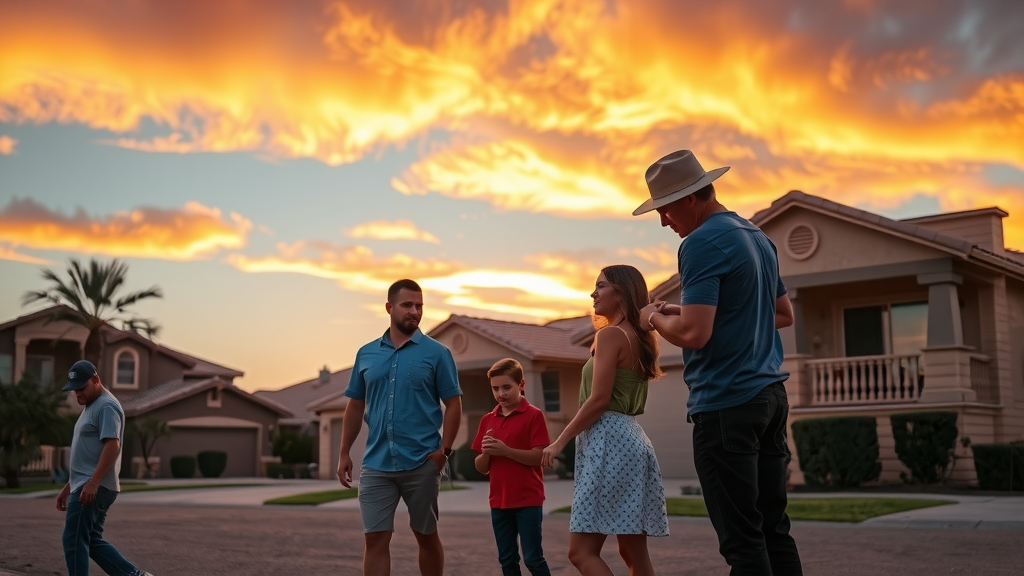 Family excitedly viewing homes in Las Vegas during sunset.