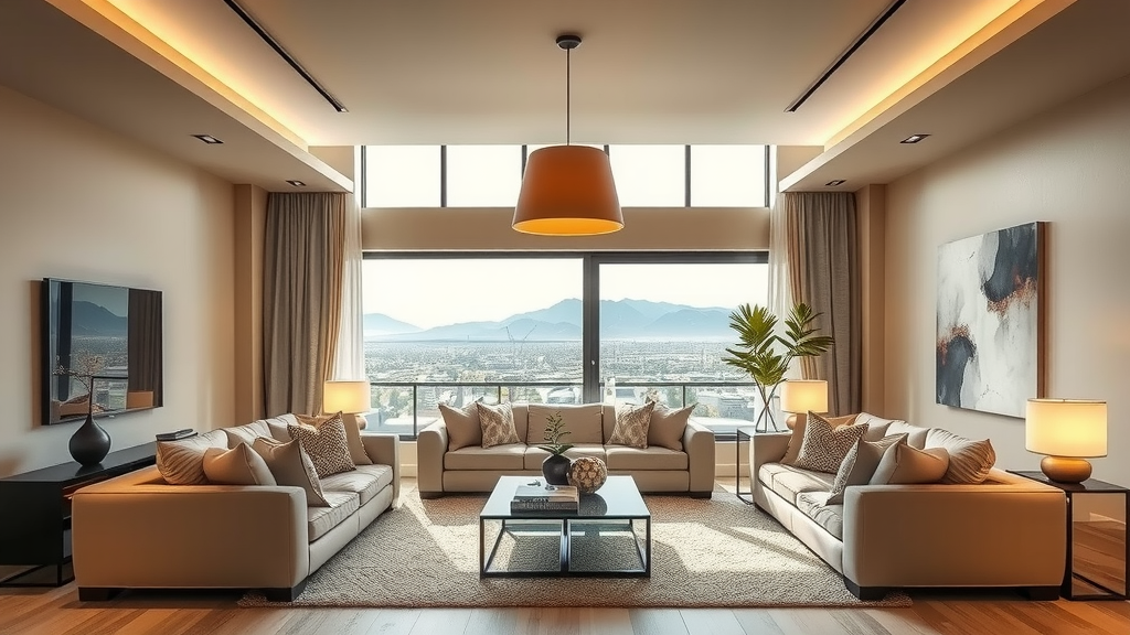 Interior of a stylish living room overlooking the Las Vegas cityscape.