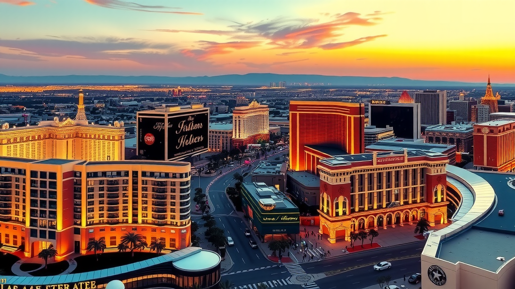 Las vegas cityscape with condos and active street life at sunset