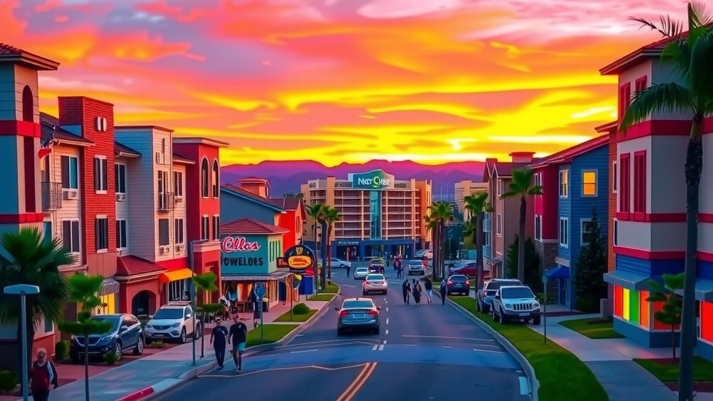 Las vegas neighborhood with condos and townhomes at sunset