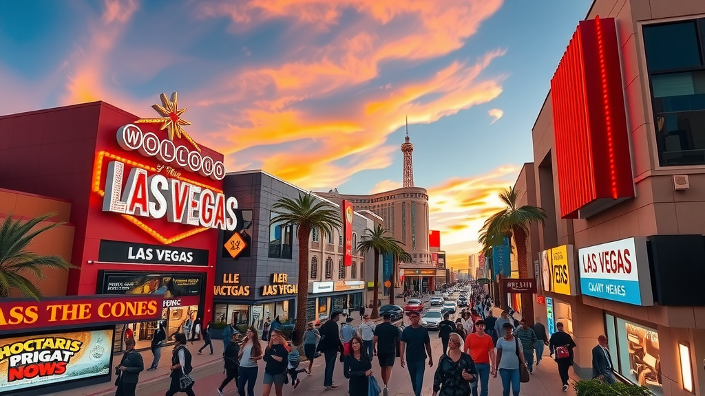 Las vegas street with neon lights and a sunset