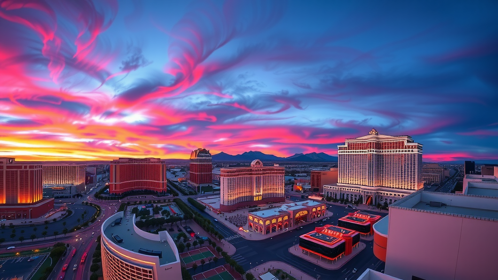 Las vegas strip at sunset vibrant colors and illuminated buildings