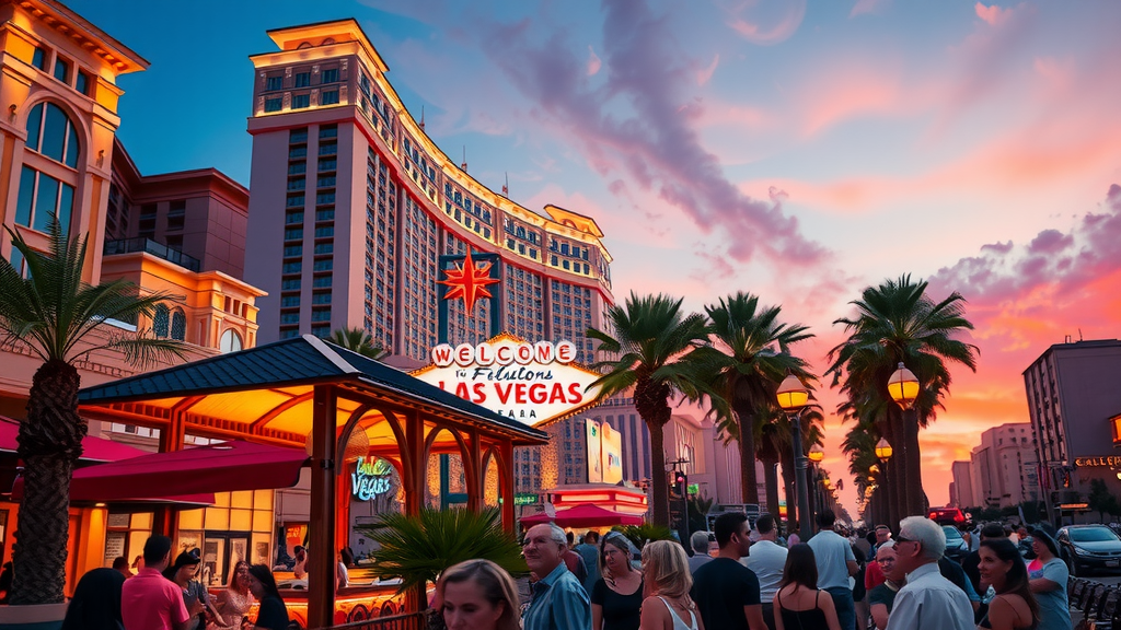 Las vegas strip with condominiums and crowds during sunset