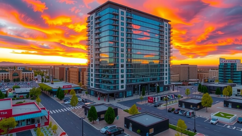 Luxury high rise condominiums in las vegas at sunset reflecting colorful skies