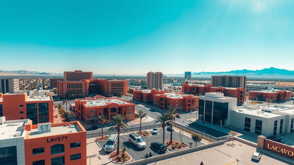 Mercado inmobiliario en las vegas con palmeras y edificios modernos