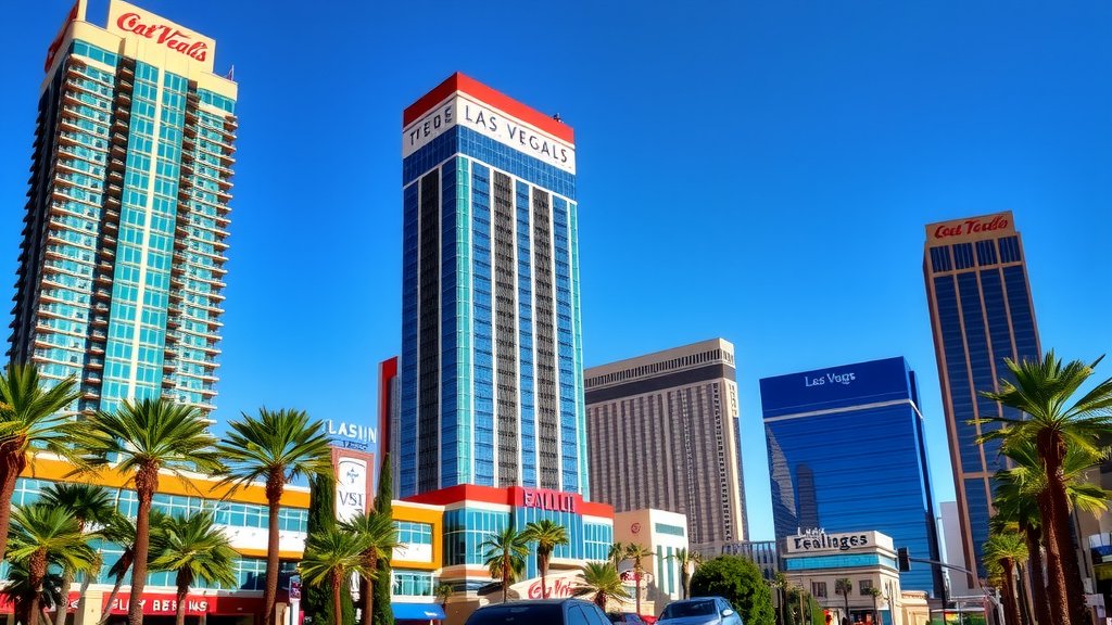 Modern high rise buildings in las vegas with palm trees and a blue sky