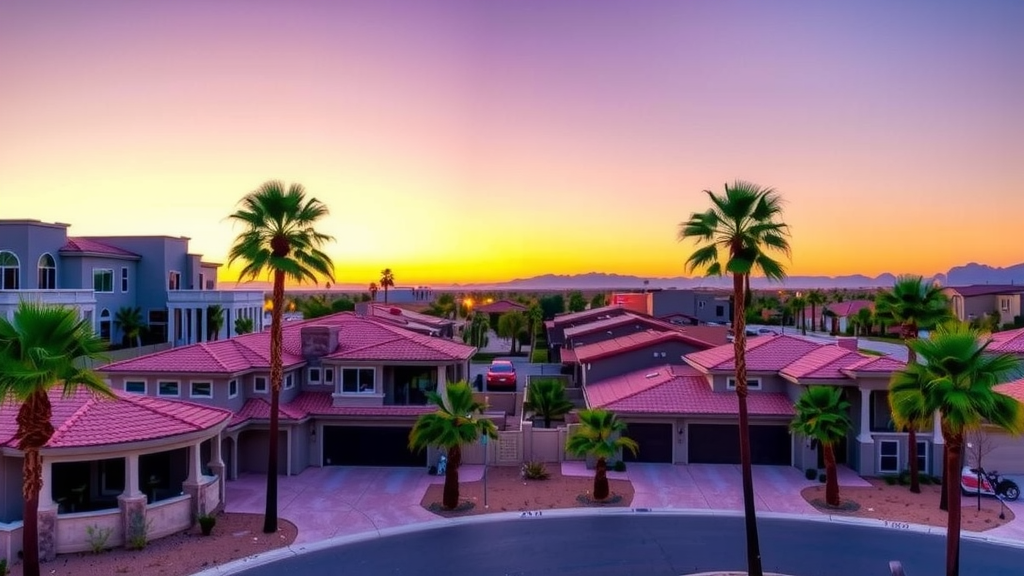 Modern homes in a las vegas neighborhood at sunset