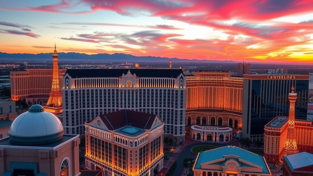 Panorama de las vegas con casas modernas y un atardecer colorido