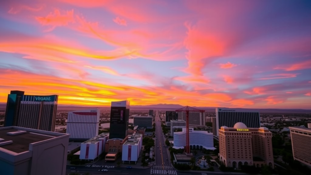 Sunrise over las vegas strip with palm trees and buildings