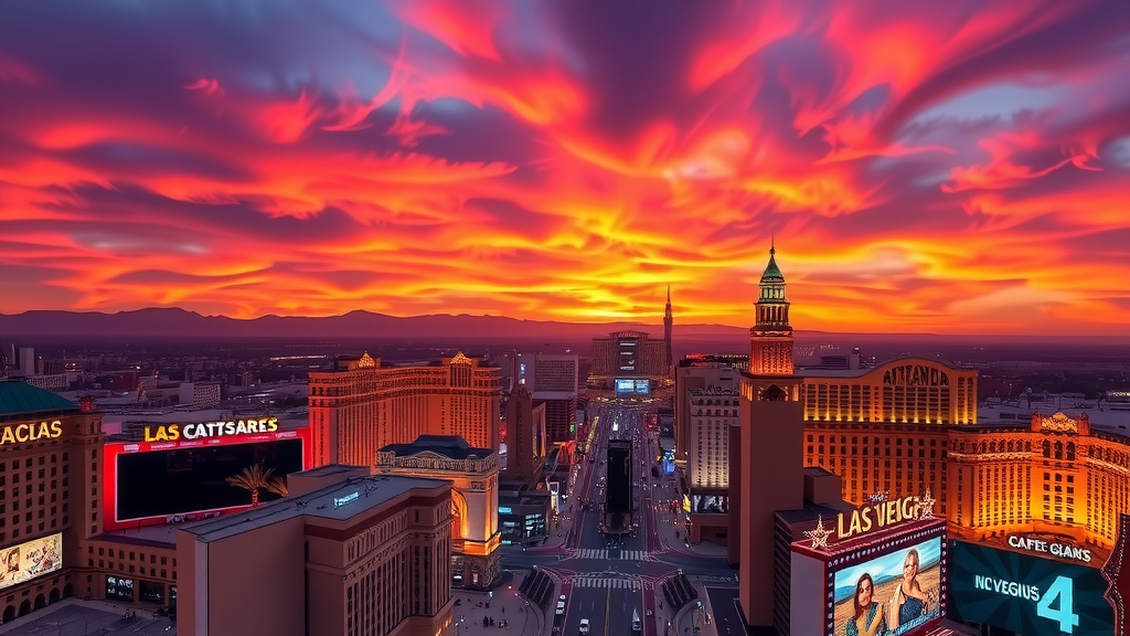 Sunset view of las vegas strip with neon lights