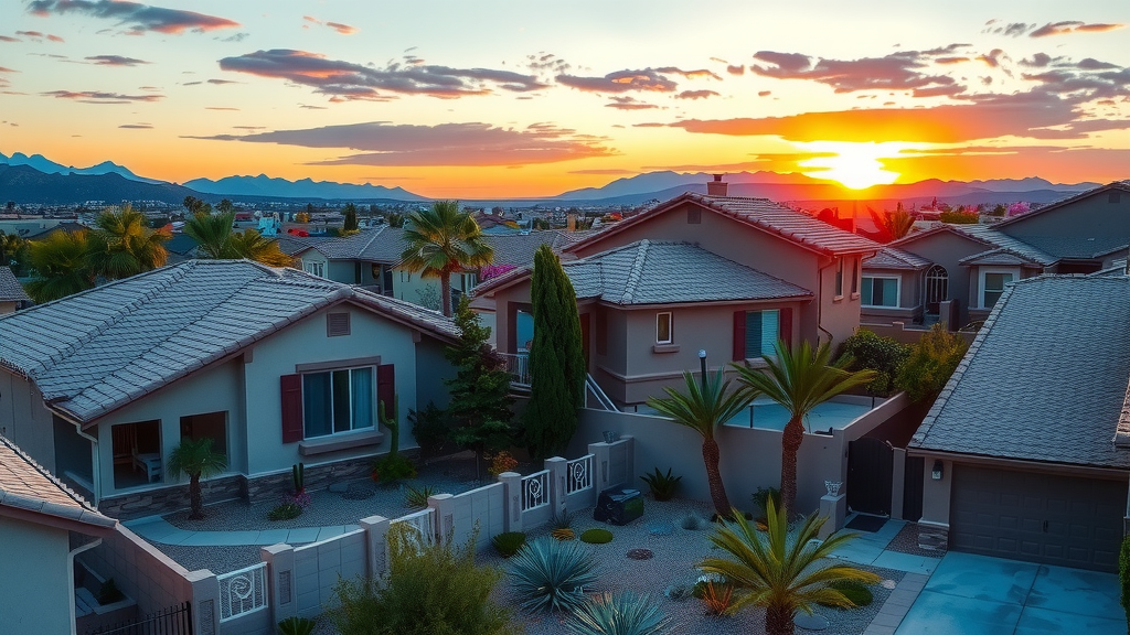Vecindario de las vegas al amanecer con casas y jardines