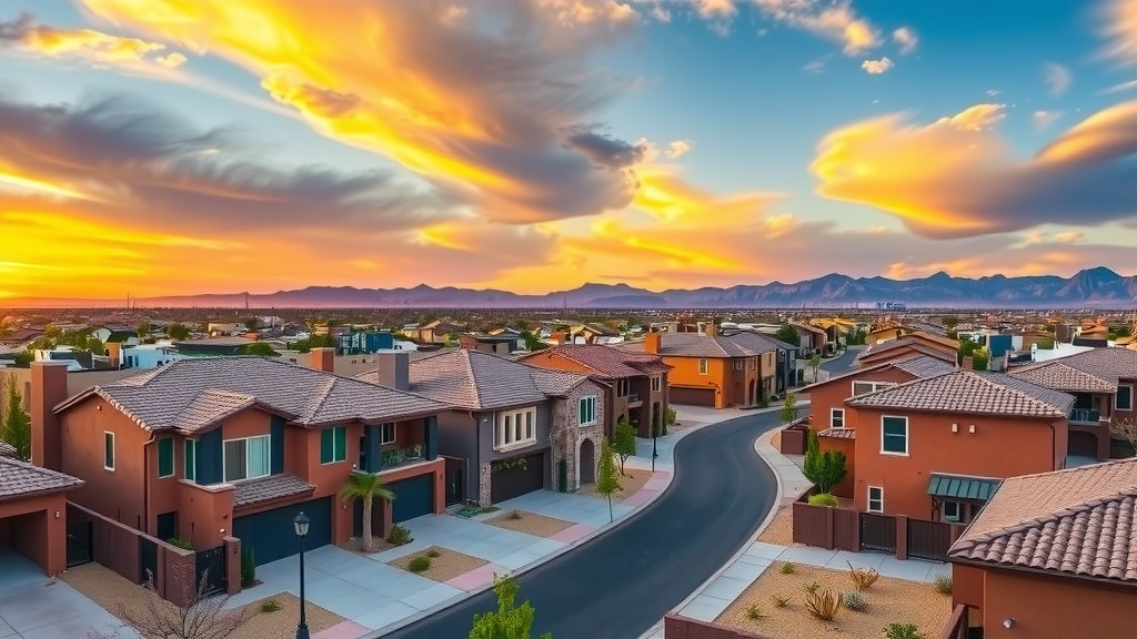 Vecindario residencial en las vegas durante el atardecer mostrando casas unifamiliares