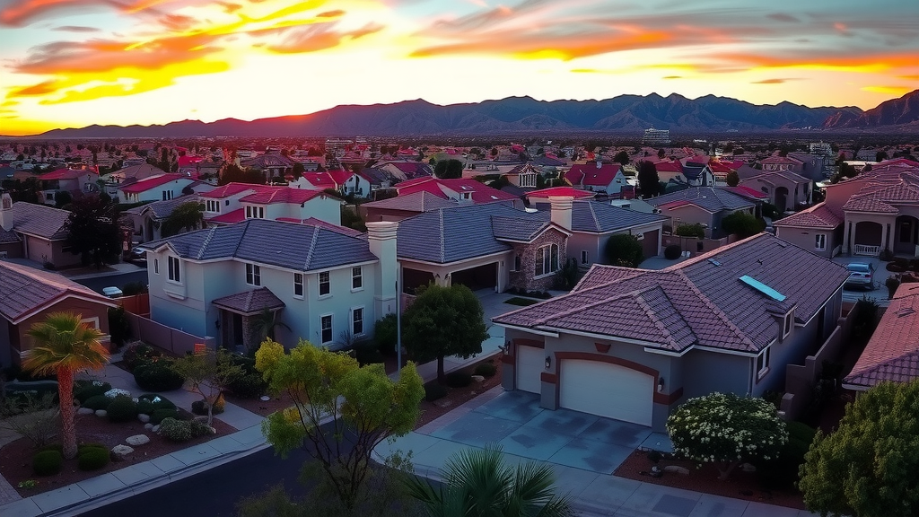 Vista panorymica de un barrio residencial en las vegas al atardecer