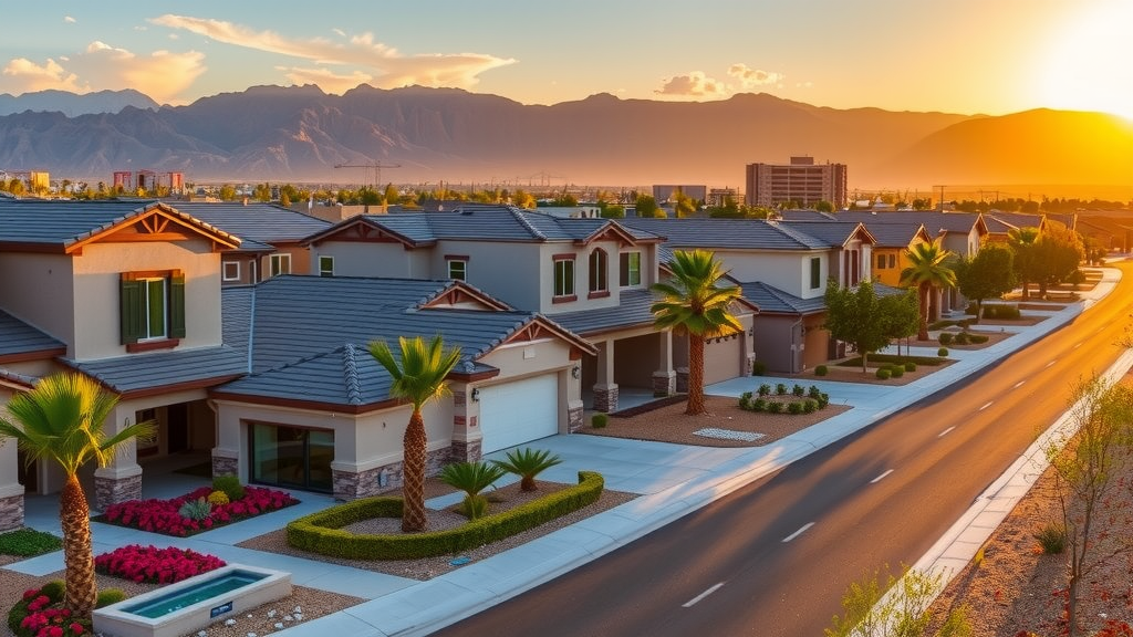 A modern las vegas housing development at sunset