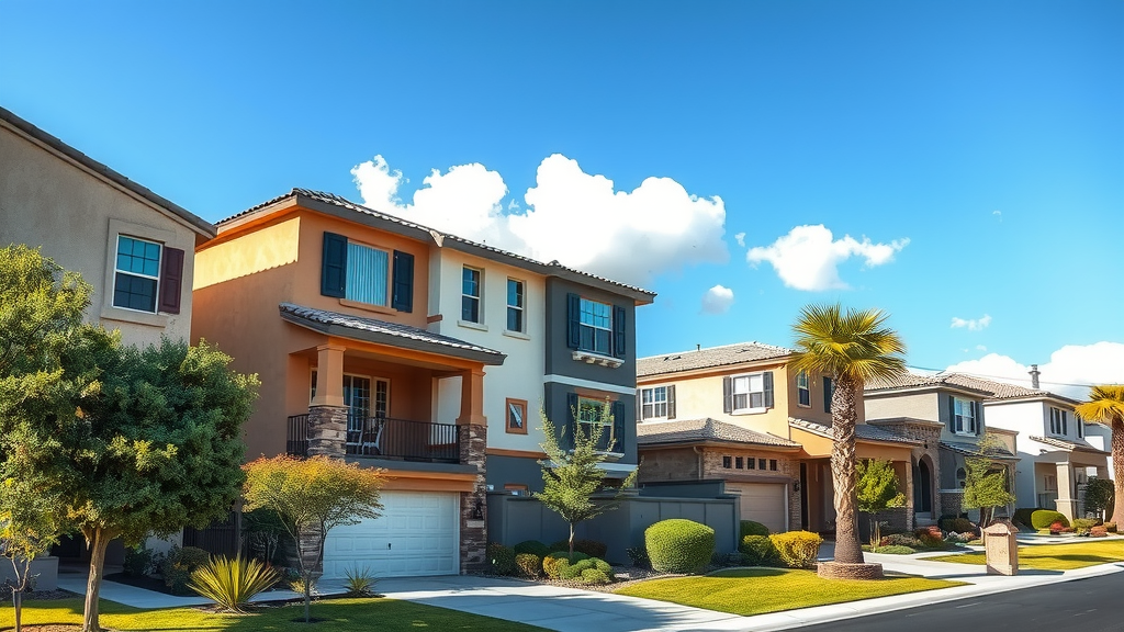 A serene las vegas neighborhood with modern homes and lush landscaping in sunny weather